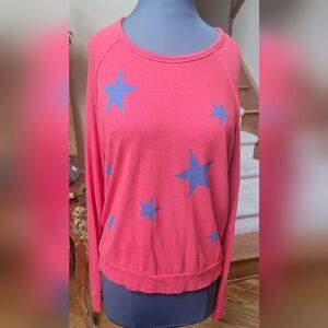 SUNDRY SOFT COTTON BLEND LONG SLEEVE PULLOVER LOUNGE TOP BLUE STARS CORAL SZ 3 L